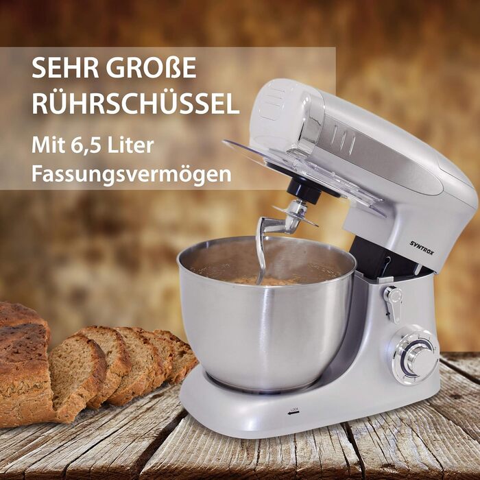 Кухонна машина Syntrox Germany KM-1300W Silver de Luxe з м'ясорубкою, міксером і 6,5 л чашею з нержавіючої сталі, 1300 Вт, срібляста