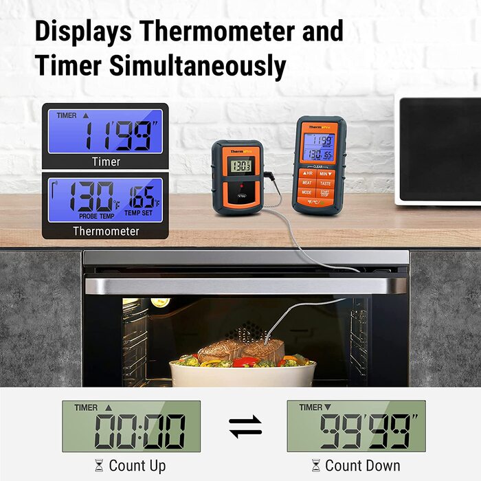 Термометр для барбекю ThermoPro TP07 з таймером, бездротовий, для грилю, духовки та коптильні, радіус дії 90 м