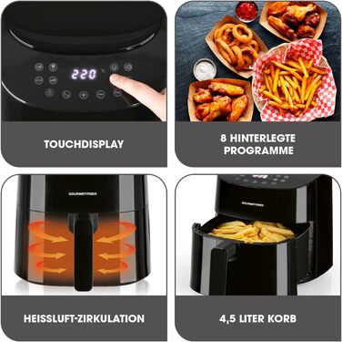 Аерофритюрниця GOURMETmaxx 4,5 л, 1400 Вт, 8 програм, чорна, маложирне приготування, таймер, автоматичне вимкнення