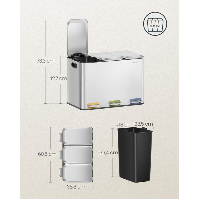Сортувальний смітник SONGMICS HOME для кухні, 3×15 л, сталевий, з кольоровими педалями, кришками та внутрішніми відрами, металік