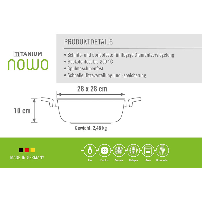 Каструля квадратна Woll Nowo Titanium 28x28 см з кришкою, 6 л, алюмінієва, для газових, електричних, склокерамічних, галогенових плит, не для індукції, з двома ручками, жаростійка