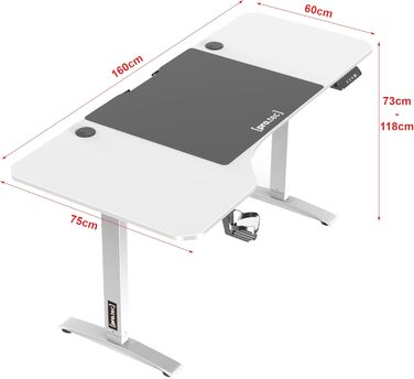 Електричний письмовий стіл pro.tec Oxnard 160x75 см з регулюванням висоти, пам'яттю, до 80 кг, тримачем для напоїв і гачком для навушників, алюмінієва рама, білий