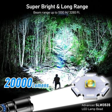 Ліхтарик Blukar LED акумуляторний 20000 люменів, надяскравий, зумований, тактичний, 5 режимів світла, водонепроникний IP67, для кемпінгу, туризму, риболовлі, надзвичайних ситуацій, чорний
