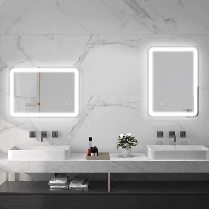 Дзеркало для ванної кімнати HOMCOM з підсвічуванням 50 x 70 см, LED, 3 кольори світла, сенсорне управління, функція пам'яті, антизапар, срібло