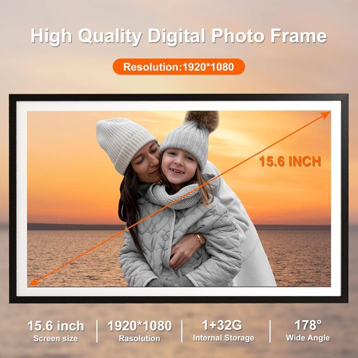 FRAMEO Цифровий фоторамка 15.6 дюймів FHD, сенсорний екран, 32GB, Wi-Fi, віддалене завантаження фото та відео, календар, погода, музика, чорний