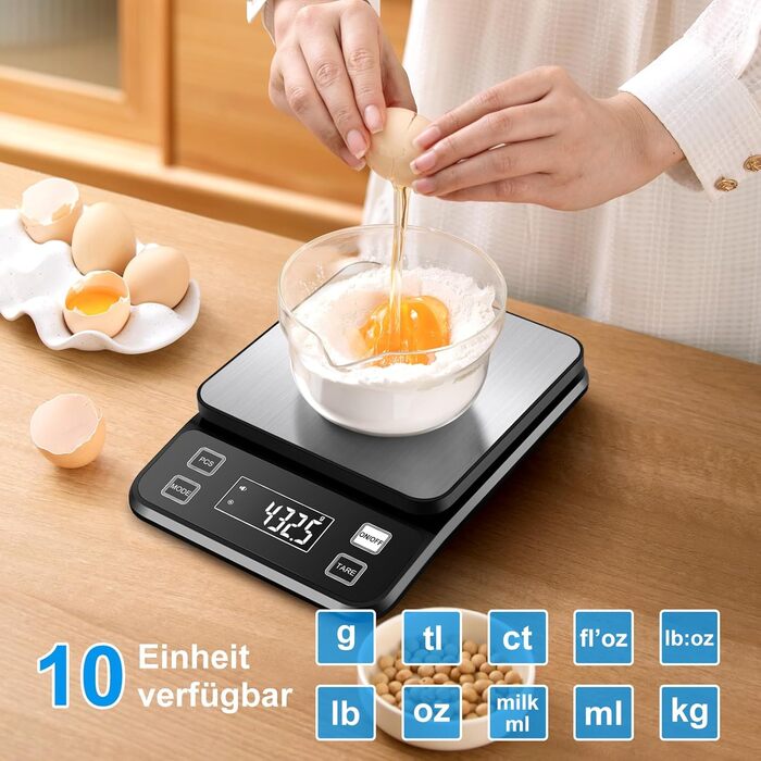 Кухонні ваги Diyife 10 кг, 0,1 г, з нержавіючої сталі, LCD-дисплеєм, функцією тарування та підрахунку, чорні