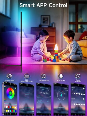 LED торшер у вітальню RGB кутовий, димується з пультом та додатком, синхронізація з музикою, DIY-режим, таймер - чорний