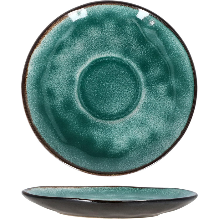 MamboCat Кавовий сервіс 18 предметів Green Reactive Glaze для 6 осіб. Керамічний набір ручної роботи з ефектом м'ятиного кольору та мідною окантовкою (6 чашок, 6 тарілок, 6 десертних тарілок).
