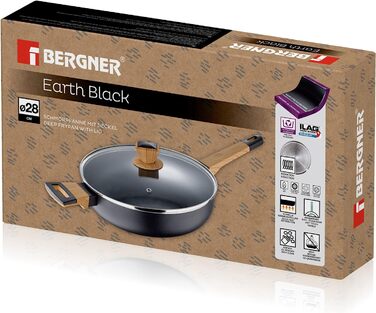 Глибока сковорода BERGNER Earth 28x7,5 см з кришкою, чорна, пресований алюміній, дерев'яна ручка, універсальна для всіх плит
