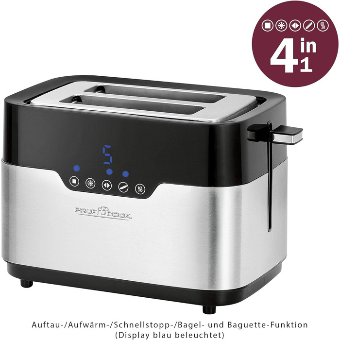 Тостер ProfiCook PC-TA 1170 з сенсорним управлінням, 2 скибки, підігрів булочок, 7 ступенів підсмажування, нержавіюча сталь, чорний