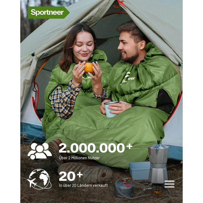 Спальний мішок Sportneer Outdoor у формі ковдри 220×85 см, з отворами для рук, 1.5 кг (Зелений, температурний режим 10-26 °C)
