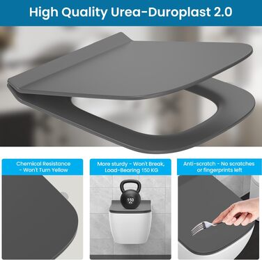 Сидіння для унітазу Q-подібне з мікроліфтом (Soft Close), Duroplast, сіре, 430×345 мм, зі швидким монтажем