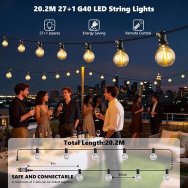 LED гірлянда вулична Joomer 20м, 28 LED G40, тепла біла, з пультом ДК, 3 режими, вологостійка для саду та вечірок
