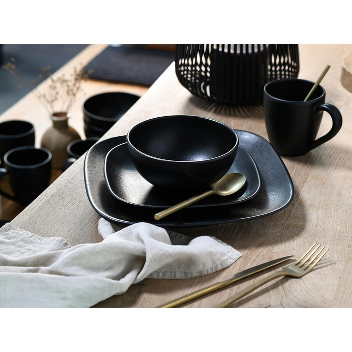 Набір посуду CreaTable Magic Black Square, 16 предметів, комбісервіс з кам'яної кераміки, для посудомийної машини та мікрохвильовки, вироблено в Португалії