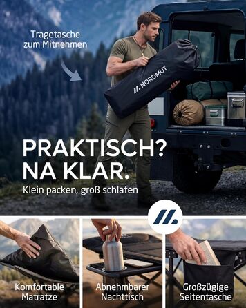 Ліжко кемпінгове розкладне NORDMUT® з матрацом, до 200 кг - сіре, для дому, саду та кемпінгу