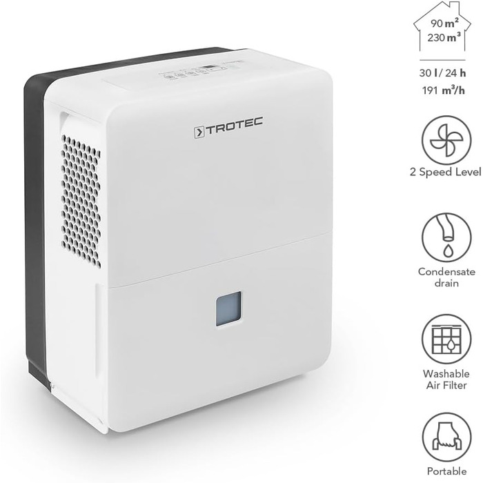 Електричний осушувач повітря Trotec TTK 96 E – продуктивність 30 л/день – площа 90 м² / 230 м³ – для квартири та спальні