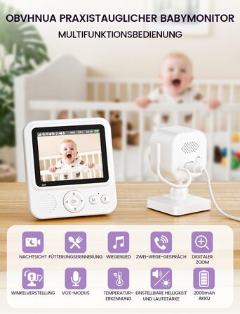 Радіоняня з камерою OBVHNUA 720P IPS: відеоняня без Wi-Fi, акумулятор 2000mAh, нічна зйомка, датчик температури, двосторонній зв'язок, колискові, режим VOX, екран 2.8