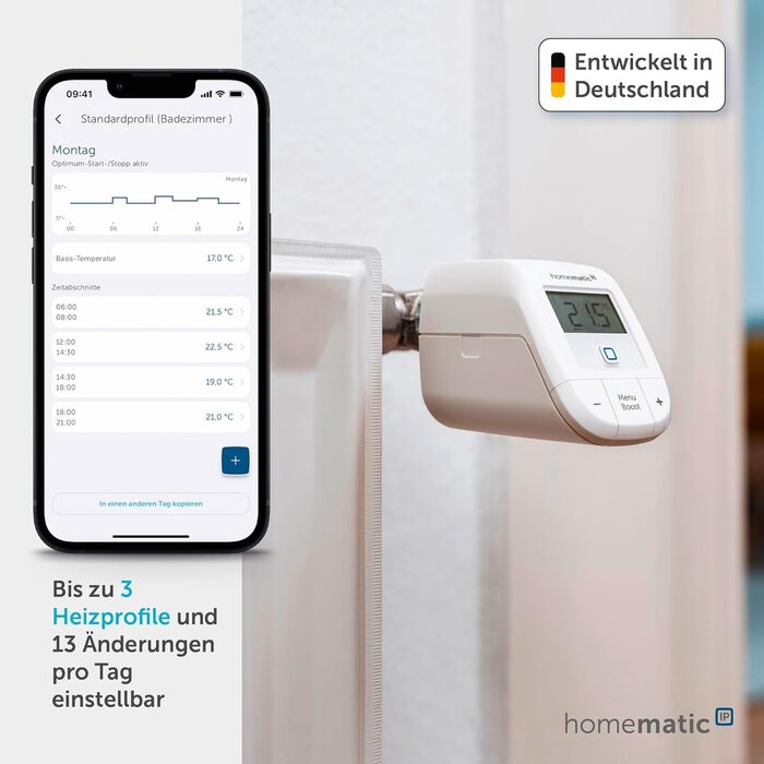 Homematic IP Термостат на радіатор Basic – Розумний дім, цифровий термостат для опалення, керування через додаток, сумісний з Alexa та Google Home, проста установка, економія енергії, 153412A3