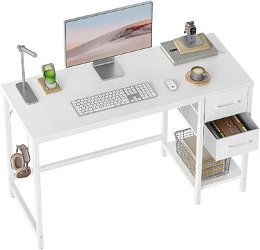 Письмовий стіл CubiCubi з 2 шухлядами та гачком для навушників, 100×50×75 см, компактний комп'ютерний стіл для офісу чи спальні, металевий каркас, білий