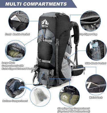 Рюкзак Night Cat 90L чорний для туризму, трекінгу, альпінізму, кемпінгу, велосипедних подорожей, дихаючий, для чоловіків та жінок