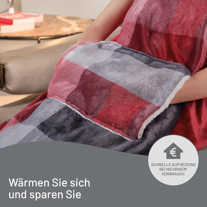 Електрична грілка Imetec Adapto Velvet Tartan з кишенями для рук і ніг, 150x110 см, швидке нагрівання, 6 температур, енергозберігаюча, безпечна, прана