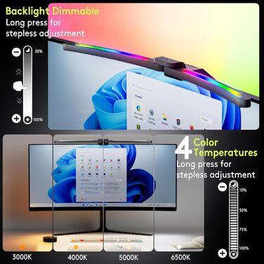 Quntis LED лампа для монітора 66 см з RGB підсвічуванням та пультом дистанційного керування, регульована, з автодиммуванням, захистом від синього світла, без мерехтіння, для геймінгу