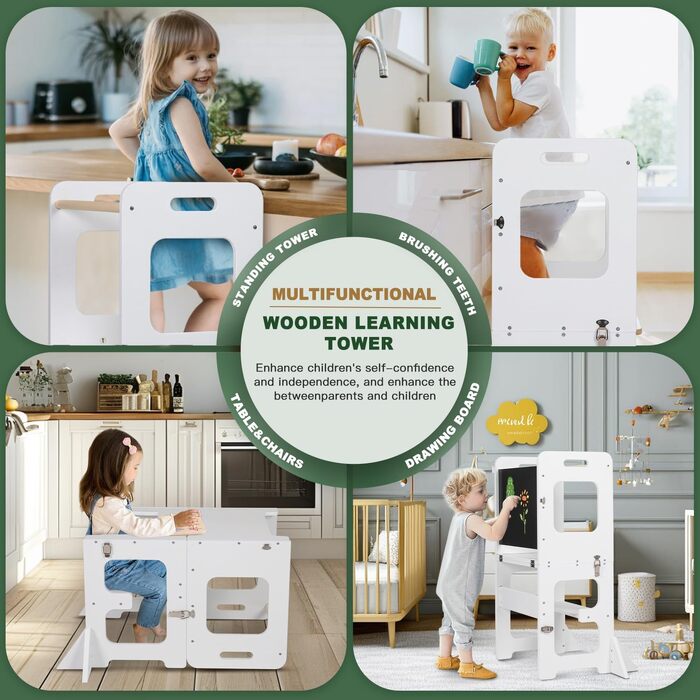 Дитяча стійка-помічник Labebe Montessori 3 в 1: складана навчальна вежа з дошкою для кухні та ванної, біла