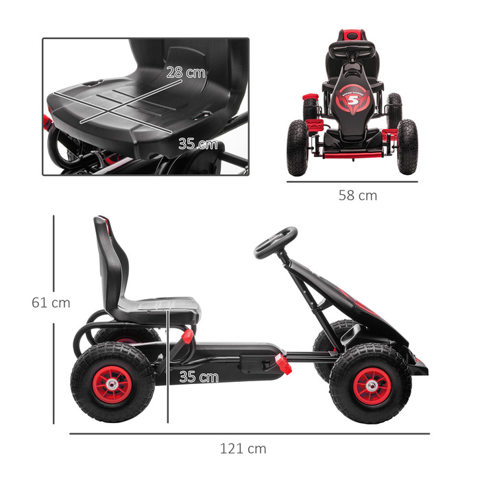 Дитячий карт, Kinder Gokart, з педальним приводом, регульоване сидіння, для використання в приміщенні та на вулиці, від 5 років, червоно-чорний, 121 x 58 x 61 см