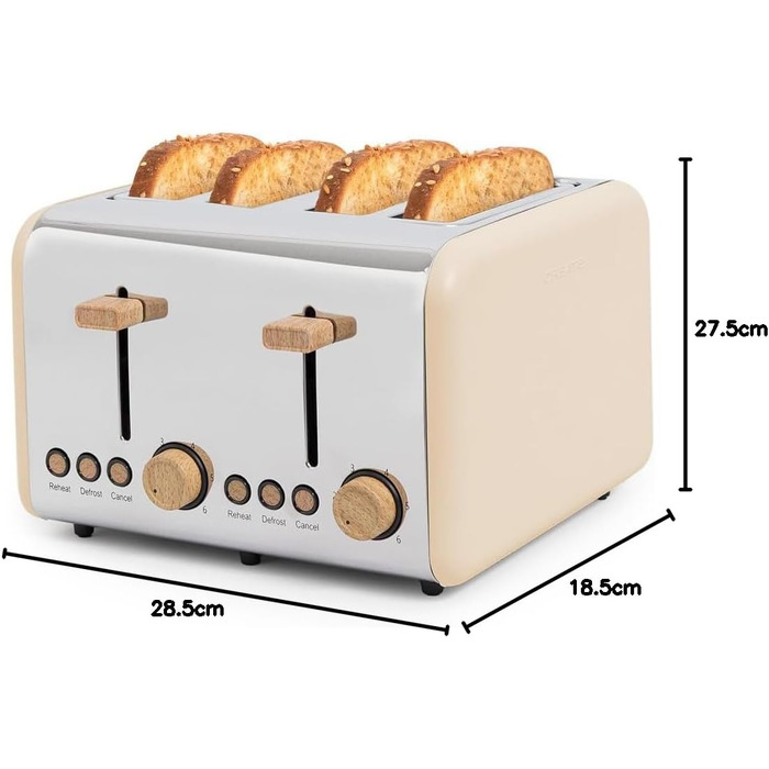 Тостер CREATE TOAST Retro Doble - 6 режимів, піддон для крихт, розморожування, підігрів, 2 широкі слоти, 750W (пісочний)