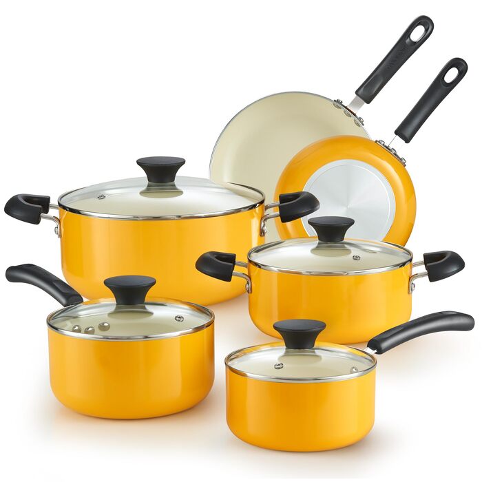 Набір кухонного посуду Cook N Home керамічний антипригарний 10 предметів, жовтий: каструлі, сковороди, каструля-казан з кришкою