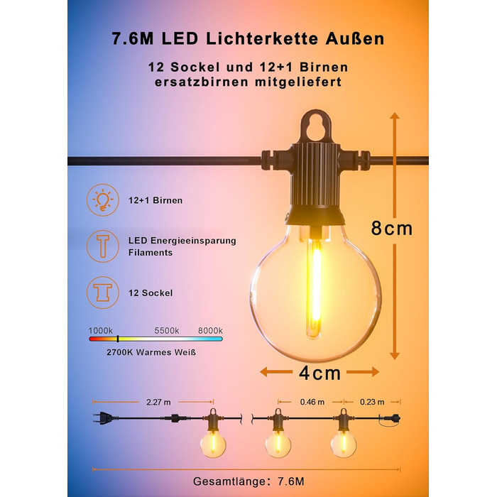 Гірлянда світлодіодна вулична Zuske 45м, 76 LED G40, теплий білий, IP65, для саду, тераси, вечірок, балкона