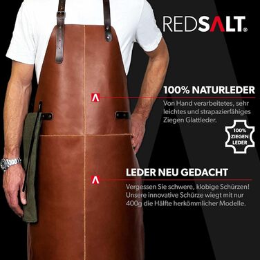 Професійний фартух REDSALT з натуральної буйволячої шкіри 84x62 см, коричневий — для грилю, кухні, бару, бариста, подарунок для чоловіків