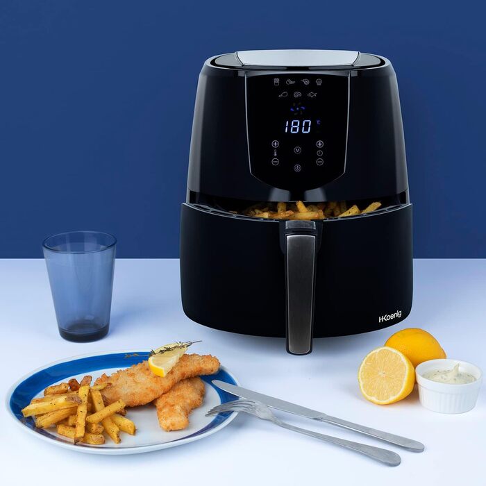 Безмасляна фритюрниця H.KOENIG FRY800, 4 л, 7 програм, сенсорне управління, регулювання температури 80-200°C, знімний кошик, 1400 Вт, можна мити в посудомийній машині