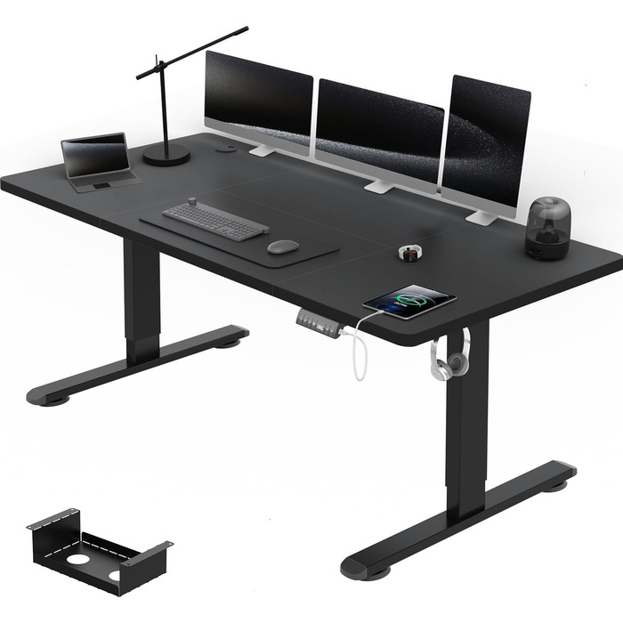 Електричний стіл Airfish 160x80 см, регульований по висоті, з USB-роз'ємом і кабель-органайзером, комп'ютерний та офісний стіл, чорний, з нагадуванням про сидячу роботу