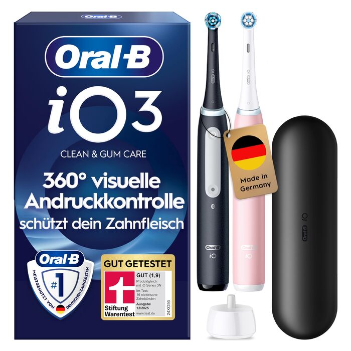Електрична зубна щітка Oral-B iO Series 3, набір з 2 шт (Чорний та Рожевий), 2 додаткові насадки та футляр