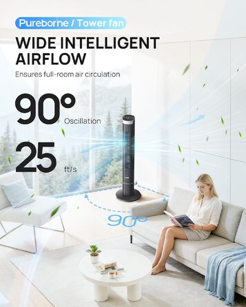 Вентилятор вежовий Leiser Smart 25дБ з осциляцією 90°, 4 режими, таймер 12 год, 109 см, чорний