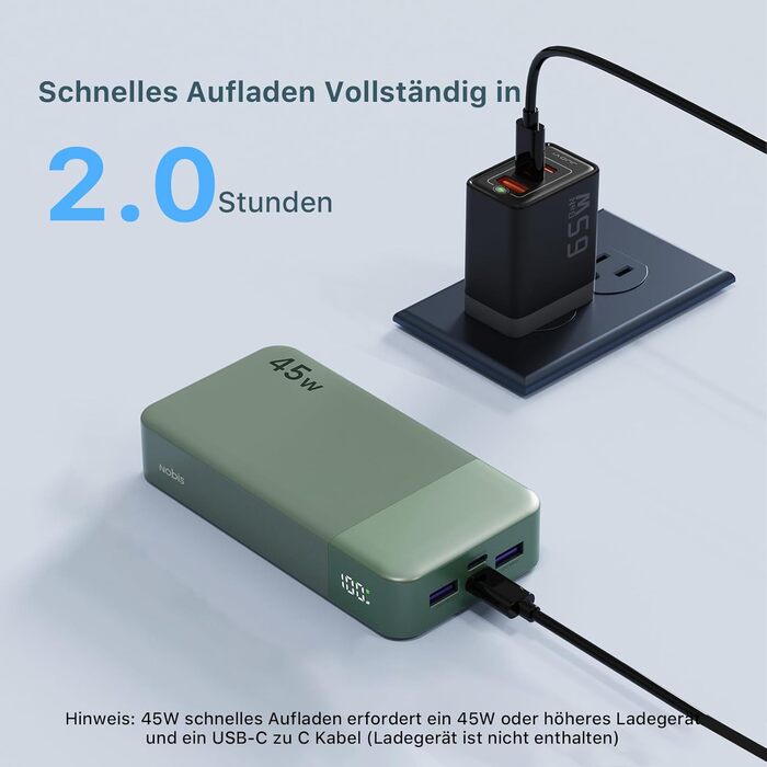 Power Bank NOBIS 20000mAh, 45W з USB-C кабелем, Digital Display, Зелений