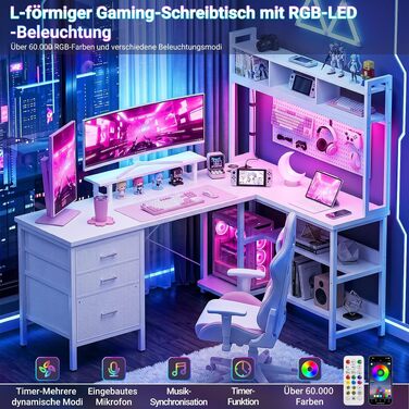 Кутовий L-подібний письмовий стіл Homieasy 150 см з LED-підсвіткою, шухлядою, USB та Type-C розетками, підставкою для монітора та полицею A4, білий