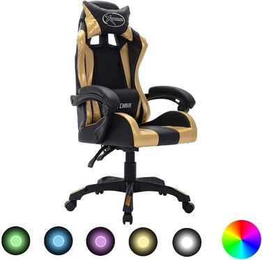 Ігрове крісло vidaXL з RGB LED, регульоване, офісне, спортивне, штучна шкіра, золото-чорне