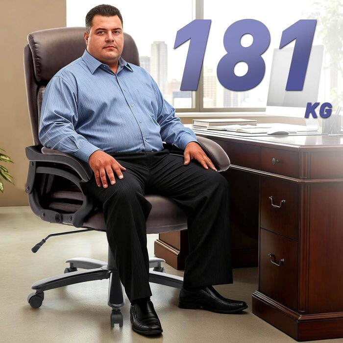 Крісло офісне шкіряне COLAMY XXL для дому та офісу, коричневе - для ваги до 181 кг, з регульованими підлокітниками та широким сидінням 59 см