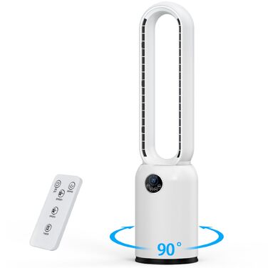 Безлопатевий вентилятор Turmventilator 88 см з LED-дисплеєм та пультом ДУ, 55 Вт, таймер 12 год, для спальні та офісу (білий)