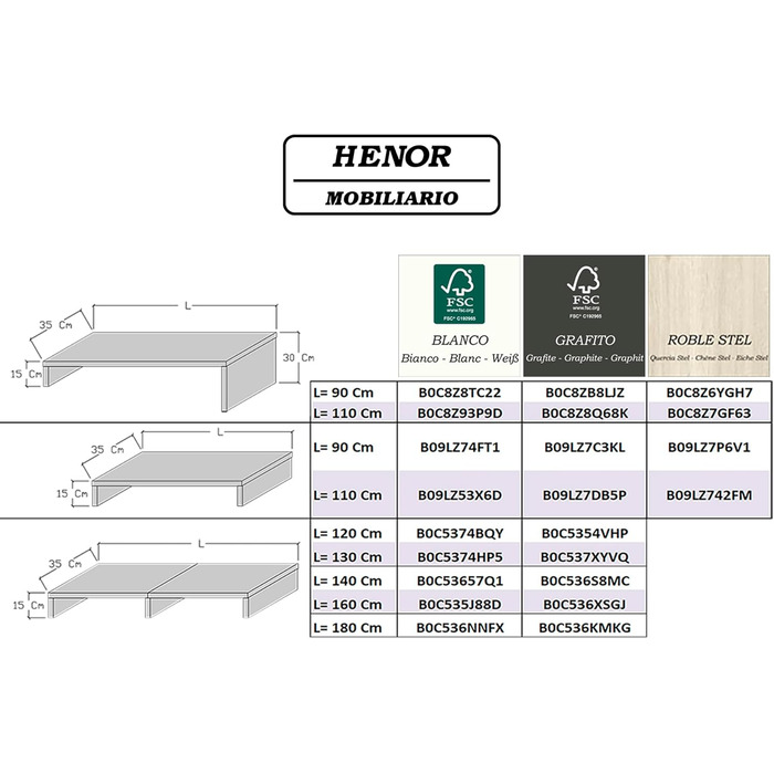 Телевізійна тумба Henor з регульованою драбинкою, FSC® дерево, 90+90x35x30/15 см, графіт