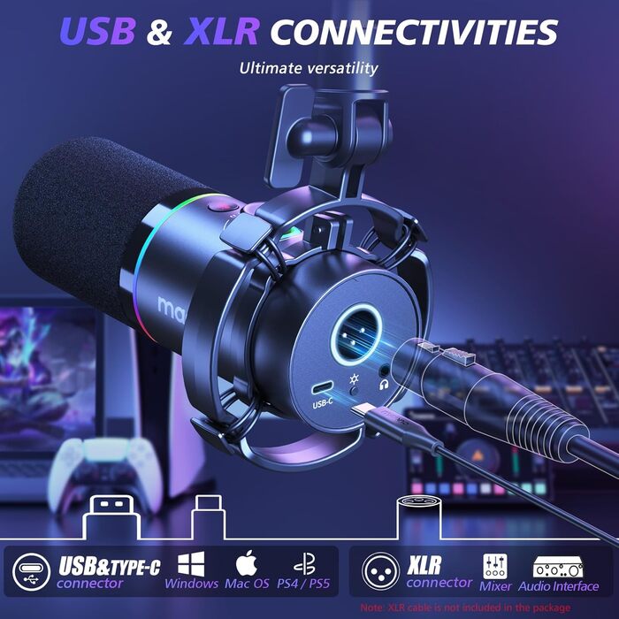 MAONO PD200XS Динамічний XLR/USB мікрофон з RGB підсвіткою, комплект із тримачем, програмним забезпеченням, кнопкою вимкнення звуку та регулятором гучності для подкастів, стрімінгу, запису, геймінгу, ПК, Mac, PS4/5, мікшер, чорний