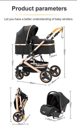 Дитяча коляска YAZOCO 3 в 1: Buggy, Babybett, Комплект. Компактна, складна, з алюмінієвим каркасом для новонароджених (2 шт. чорного кольору)