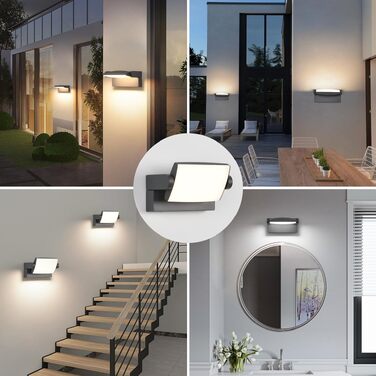 Стіна LED-світильник SANSHI зовнішній водонепроникний IP65, поворотна панель 350°, 12W, 3 режими кольору (3000K/4000K/6500K) для саду та тераси, темно-сірий
