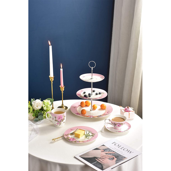 Чашка та блюдце з порцеляни Shabby Chic, 19,1 см, десертна тарілка, вінтаж, птах, метелик, квіти, подарункова коробка (рожевий)