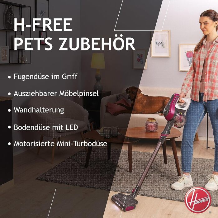 Пилосос акумуляторний Hoover HF110P без мішка для тварин, до 120 м², бездротовий, LED-підсвітка, XL контейнер, паркування, насадка для щілин та щітка, для шерсті домашніх тварин