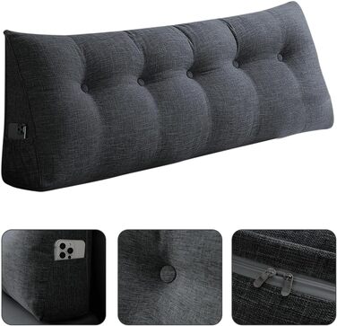 Подушка трикутна для спини OHMG 160x50x20 см темно-сіра з кишенею, для ліжка та дивана, знімний чохол