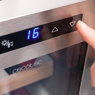 Винний шкаф Cecotec Bolero Grandsommelier 830 Coolcrystal: охолодження, терморегуляція 8-18°C, сенсорне управління, LED, для 12 пляшок (Inox + Holz)