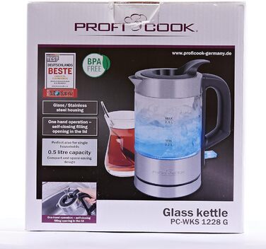 Електрочайник ProfiCook зі скла та нержавіючої сталі з LED-підсвіткою, 0,5 л, 1100 Вт, з індикацією рівня води, модель PC-WKS 1228